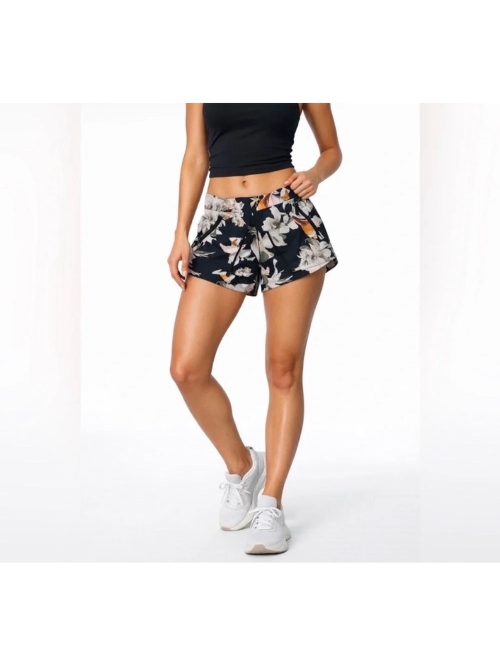 Athleta Hudson Shortie Black Floral Drawstring Stretch Shorts Size Small